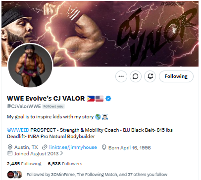 MrDaveMur's tweet photo. Day 17 of 365 of picking one random follower and saying something nice about them.

@CJValorWWE @WWE Prospect,  BJJ black belt, strength & mobility coach, INBA Pro Natural Bodybuilder, and the guy with an 815lb deadlift. His goal is to inspire kids with his story, and he’s already out here living it.

I haven't been following him for too long but he is a positive light in foggy times and if you're a wrestling fan you might want to keep your eyes on him.    

Keep rising,
