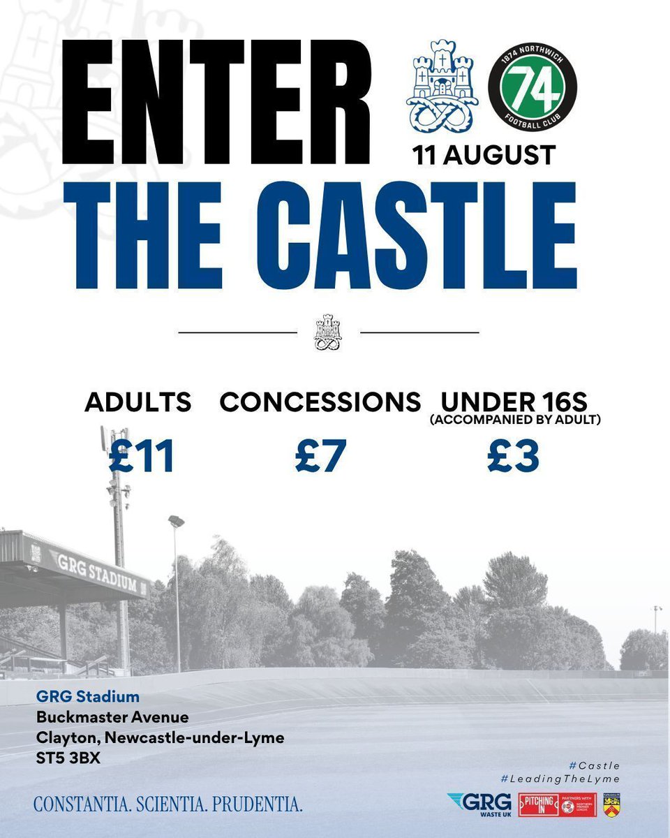 NewcastleTownFC's tweet photo. 🆚 @1874Northwich
🕢️ 7:45PM KO
📅 Tue 11 Aug
🏟️ GRG Stadium

🎟️ Adults £11
🎟️ Concessions £7
🎟️ U16s £3

🍺☕️🍔🍟 Bar &amp; Cafe Open

🔵⚪️🏰

#Castle #LeadingTheLyme #TheCastle #PitchingIn #NorthernPremLge #NewcastleTown #GRG #GRGWaste #FootballsBack https://t.co/FblvxGwr9H