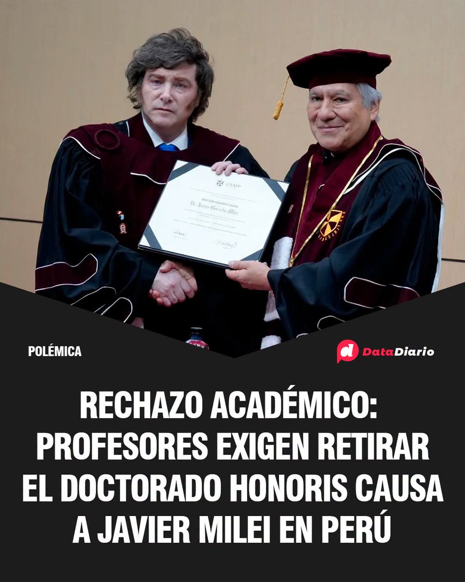 MarileNeumayer's tweet photo. ❌ REPUDIO ACADÉMICO INTERNACIONAL 

EL MUGRIENTO NOS SIGUE AVERGONZANDO 

EL DR. EUGENIO ZAFARONI, A RAÍZ DE ÉSTO,  DEVOLVIÓ SU PREMIO HONORIS CAUSA OTORGADO EN EL 2009.

👉Más de cien académicos y docentes universitarios de América Latina y Europa repudiaron el doctorado honoris causa otorgado por la Universidad de San Martín de Porres (USMP) de Perú al presidente Javier Milei y exigieron revocar la distinción. 

⭕ Como medida de protesta, los firmantes suspendieron su participación académica en la institución, llamaron a redes del derecho a revisar sus vínculos con la usina peruana y el jurista Eugenio Zaffaroni devolvió el honoris causa que le habían concedido en 2009. 

➡️ El comunicado denunció que el reconocimiento contradice los valores universitarios, tras el veto a la Ley de Financiamiento Universitario, la ejecución de apenas el 9,3% de los fondos para hospitales académicos en el inicio de 2026, el cierre de más de 28.000 empresas, la pérdida de 341.396 empleos registrados y la aplicación del protocolo antipiquetes ante manifestaciones opositoras.