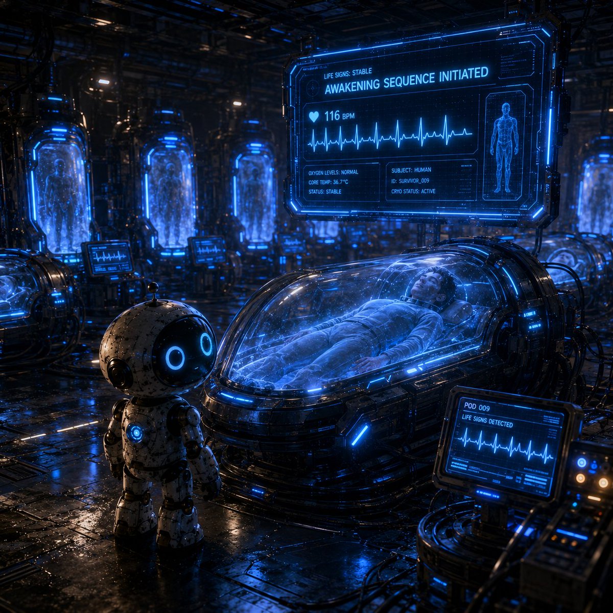 nodelab's tweet photo. @weroamxyz @MarkoMilojkovi2 R-01 traced the heartbeat to a sealed chamber beneath the station.
Inside, a human slept in cryostasis.
The monitor flashed:
“Awakening sequence initiated.”
Then another heartbeat appeared.
And another.
R-01 realized there were survivors everywhere.

ref code:77215183  
AI:1264 https://t.co/VMHAANRamx