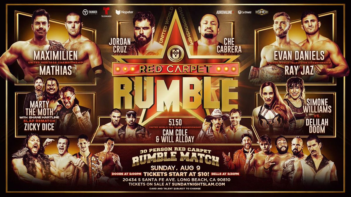 myaewofficial's tweet photo. Tonight at 8:30 pm ET/5:30 pm PT - free on #myaew is the @unitedwrestling Red Carpet Rumble: a live-stream from Long Beach at Thunder Studios. 

https://t.co/hyJMDbSMst https://t.co/itz7o4hC3D