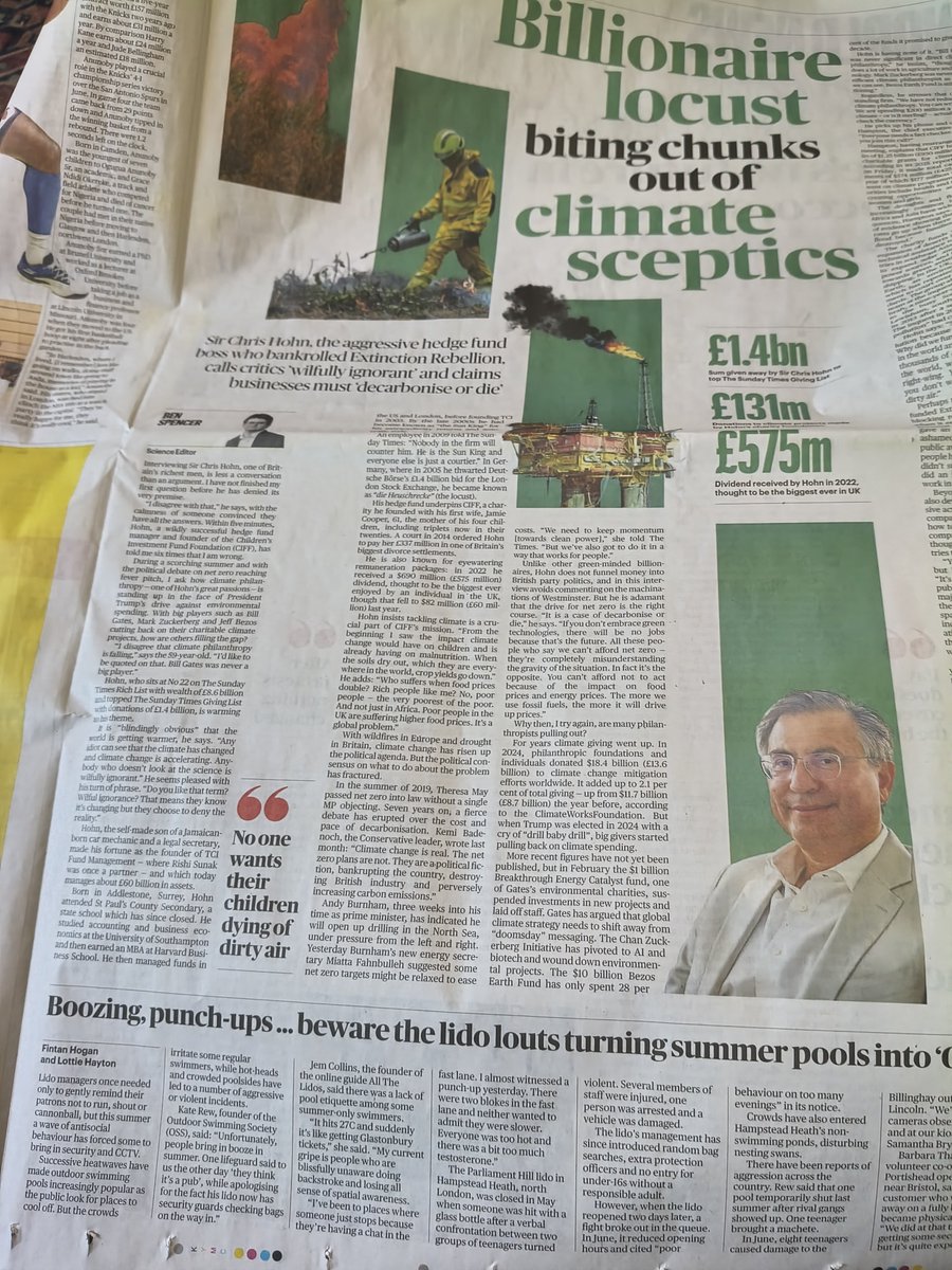 clim8resistance's tweet photo. Massive puff-piece in Today's @thetimes on Christopher Hohn asks zero relevant critical questions about the billionaire buying British politics and civil society. https://t.co/d1POUWC1vx