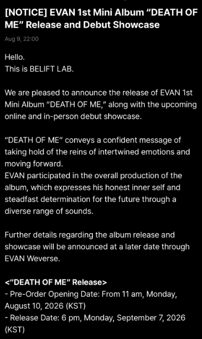 kchartsmaster's tweet photo. EVAN announces comeback with the mini album 'DEATH OF ME.' Out September 7. https://t.co/AHh2OhpnOO