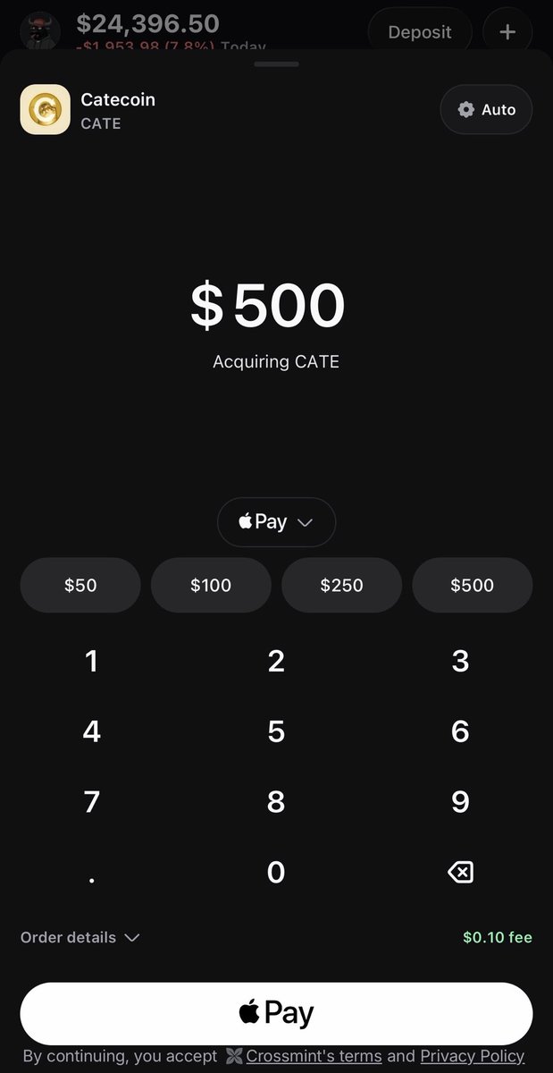 PoorGoat_'s tweet photo. I didn’t even realize you can buy $CATE directly with Apple Pay on @Pumpfun also now.

Just bought $500 to test it. Took seconds. Flawless.

This is the new era of social trading. Onboarding has NEVER been easier.

You can literally have a friend download an app and buy $CATE within minutes without ever touching crypto. No exchanges. No bridging. No figuring out wallets. Apple Pay and done.

There is no reason we won’t see higher ceilings on memecoins as this becomes normal.

And what better coin to onboard the masses than the sister of the most recognizable memecoin in history?

Everyone recognizes DOGE.

Soon everyone will recognize CATE.

Cats flip dogs.

TRILLION. DOLLAR. CATE. 💛🐈