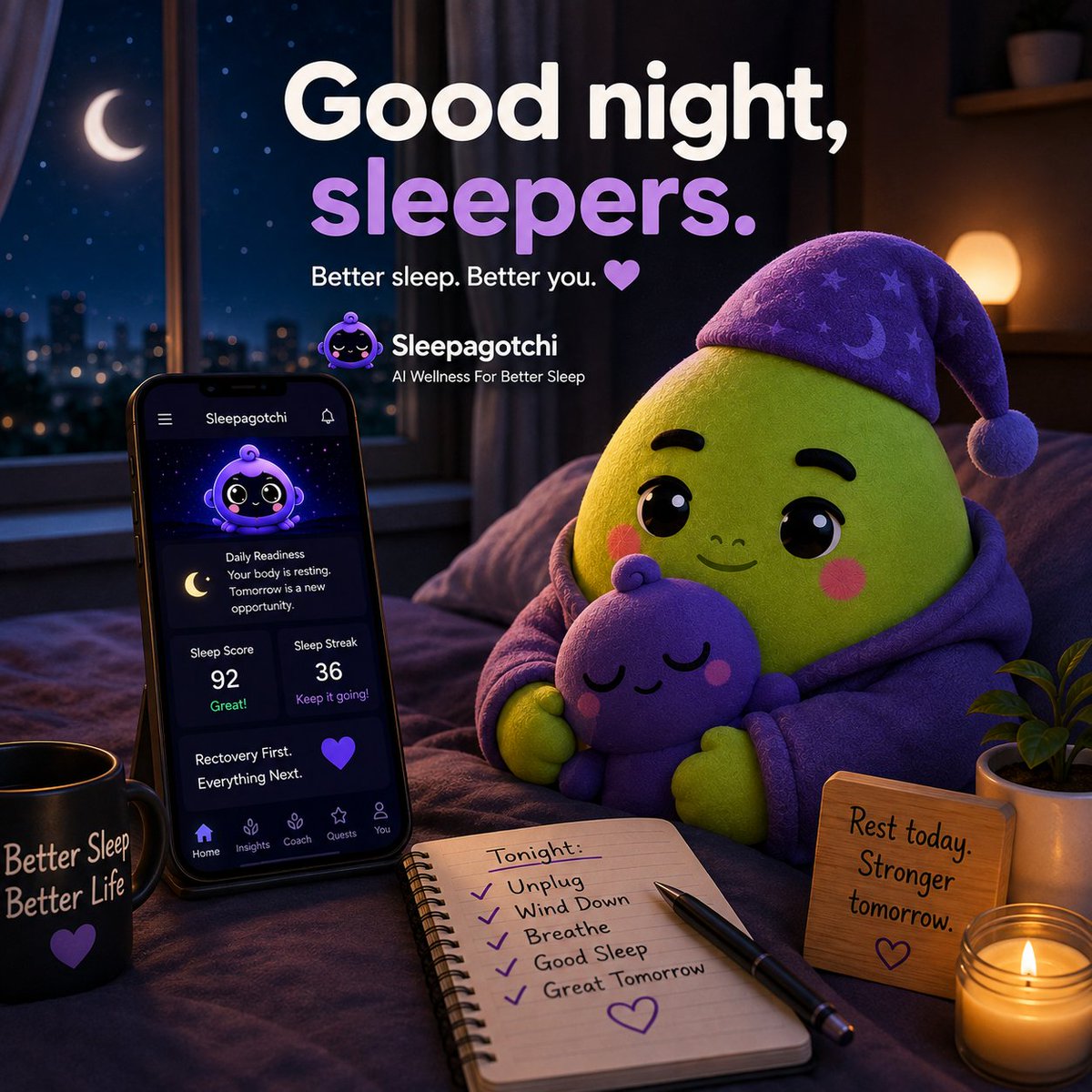 Dreamsgrowth's tweet photo. Good night, gSleep🌠🌱

The hardest part of better sleep is not understanding that rest matters.

It is actually stopping when there is always one more notification, video, or task waiting.

That is something @sleepagotchi keeps reminding me.

Sleep tracking can show what happened.

Readiness can show how recovery affected you.

But neither matters much unless the information changes what you do tonight.

For me, the real win is becoming more intentional about when the day ends.

Less unnecessary scrolling.
More consistent sleep.
Better recovery for tomorrow.

The best sleep technology might be the technology that eventually helps you put the phone down.

Tonight, that is the habit I am trying to protect.

What usually steals the most time from your sleep: scrolling, work, or something else? 👇

#Sleepagotchi #Sleep #AIWellness #Recovery #Web3