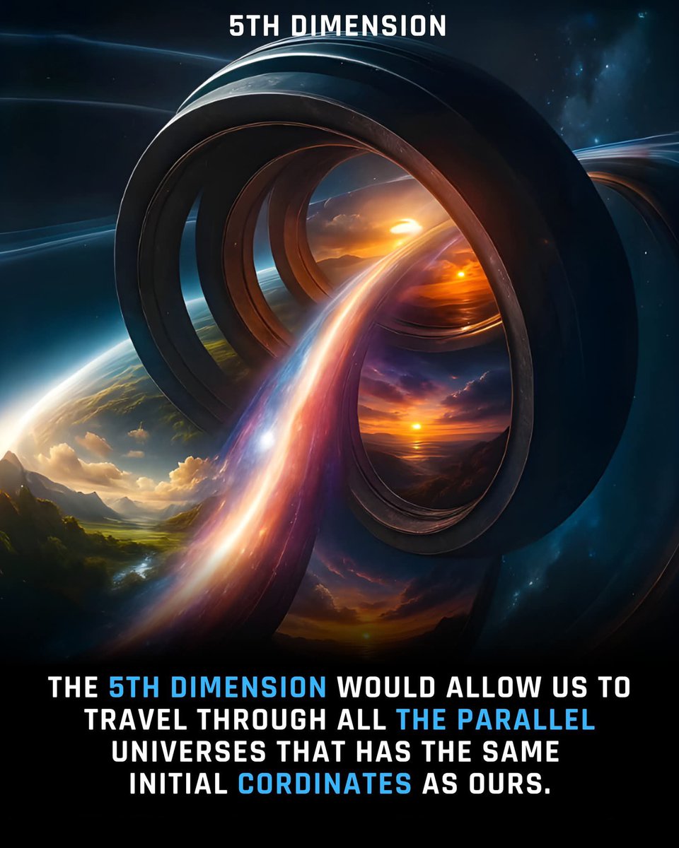 AstronomyVibes's tweet photo. The fifth dimension is one of the most mind-bending ideas in theoretical physics a concept that stretches far beyond our three spatial dimensions and time itself. While we can move forward and backward in time or space, the fifth dimension is imagined as a pathway through parallel realities, connecting worlds that began like ours but evolved differently.

In theory, this dimension could allow movement between alternate timelines universes where each decision, from the smallest to the grandest, creates a ripple that forms a new branch of existence. It suggests that countless versions of reality coexist side by side, shaped by different outcomes of the same initial conditions.

Though purely theoretical, the idea of the fifth dimension continues to inspire scientists, philosophers, and dreamers alike. It reminds us how vast and mysterious our universe truly is, and how every choice might echo across realities unseen.

Sources/Credits: NASA, Scientific American, CERN