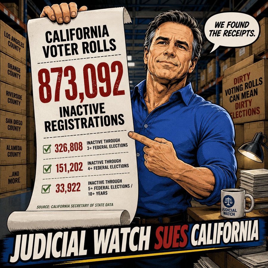 TomFitton's tweet photo. In California, 33,922 voters have remained continuously inactive through at least five consecutive federal general elections — dating back at least 10 years, to before the 2016 lection. Heavy lifting @JudicialWatch suing to clean nearly 900,000 dirty voter names! https://t.co/eGManaen8j