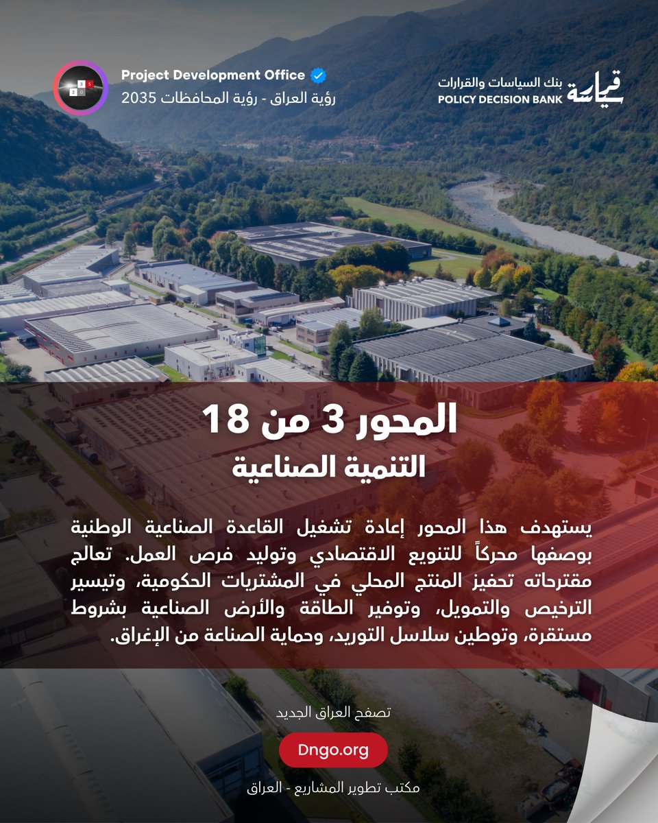 pdo2035's tweet photo. مصنع يعمل يعني عائلة تأكل، وشاب لا يهاجر، ودولة تنتج بدل أن تستورد كل شيء.

لعقود تركت مصانعنا تصدأ، وأغرقت أسواقنا بمنتجات كان يمكن أن تصنع بأيادي عراقية.  وكع الحق على العامل العراقي، بس تشخيصنا يكول السبب في غياب الكهرباء والأرض والتمويل والحماية من الإغراق.

الصناعة الوطنية مو قطاع ثانوي حتى تنهمل، هي قاعدة للاستقرار الاقتصادي، وخلق فرص العمل، وحفظ الثروة داخل البلد.

في بنك السياسات والقرارات وضعنا 30 قرار مقترح لإعادة تشغيل الصناعة الوطنية مثل تفضيل المنتج المحلي في المشتريات الحكومية، وتيسير الترخيص والتمويل، وتوفير الطاقة والأرض الصناعية بشروط مستقرة، وتوطين سلاسل التوريد، وحماية الصناعة من الإغراق.

صنع في العراق ما ممكن يكون شعار، لازم نفهمه ان هو نتيجة قرارات اقتصادية واستراتيجيات صناعية انتاجية تخلق فرص العمل وتحفظ الثروة داخل البلد.

كل دينار ينفق على منتج محلي يدور في اقتصادنا ويشغل أيدينا، بدل أن يخرج إلى الخارج ومعه فرص أبنائنا.

لننتج، لننهض.

مكتب تطوير المشاريع
بنك ال��ياسات والقرارات
https://t.co/0pegzy0j4y

#نحو_اقتصاد_يقوده_الخبراء #النهضة_العراقية_الكبرى