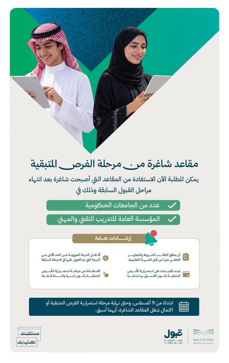 uap_moe's tweet photo. تتيح #منصة_قبول الاستفادة من المقاعد الشاغرة المتبقية من المراحل السابقة وفقًا لآلية عمل مرحلة استمرارية الفرص المتبقية.
#مستقبلك_اختيارك https://t.co/TzGKnAGYtD
