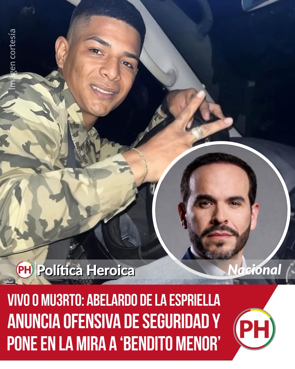 PoliticaHeroica's tweet photo. Vivo o mu3rto: Abelardo de la Espriella anuncia ofensiva de seguridad y pone en la mira a ‘Bendito Menor’

El presidente Abelardo de la Espriella anunció que su Gobierno prepara una serie de operativos de seguridad en diferentes regiones del país, dirigidos contra personas y estructuras señaladas por las autoridades como objetivos de alto valor.

Según las declaraciones difundidas, el mandatario aseguró que se encuentra coordinando acciones con las Fuerzas Militares y afirmó que la seguridad será una de las principales prioridades de su administración.

“La patria milagro dará resultados en seguridad, porque un país que no tiene seguridad no tiene nada y la vamos a recuperar con la mano de hierro”, manifestó De la Espriella, de acuerdo con la publicación.

El presidente también lanzó una fuerte advertencia contra integrantes de organizaciones crimin4les que no se sometan a las autoridades, al señalar que serán enfrentados dentro del marco de la ley.

Entre los nombres mencionados aparece Nain Pérez, conocido con el alias de ‘Bendito Menor’, a quien De la Espriella señaló por su presunta presencia e influencia en La Guajira. El mandatario cuestionó la situación de seguridad en ese departamento y anticipó acciones para recuperar el control territorial.

Asimismo, anunció que el próximo 13 de agosto viajará a La Guajira acompañado de integrantes de su Gobierno para conocer directamente la situación de la región y avanzar en las medidas anunciadas.

Las declaraciones marcan una de las primeras señales sobre la estrategia de seguridad que pretende implementar el nuevo Gobierno, con operativos contra estructuras armadas y organizaciones crimin4les en distintas zonas de Colombia.
