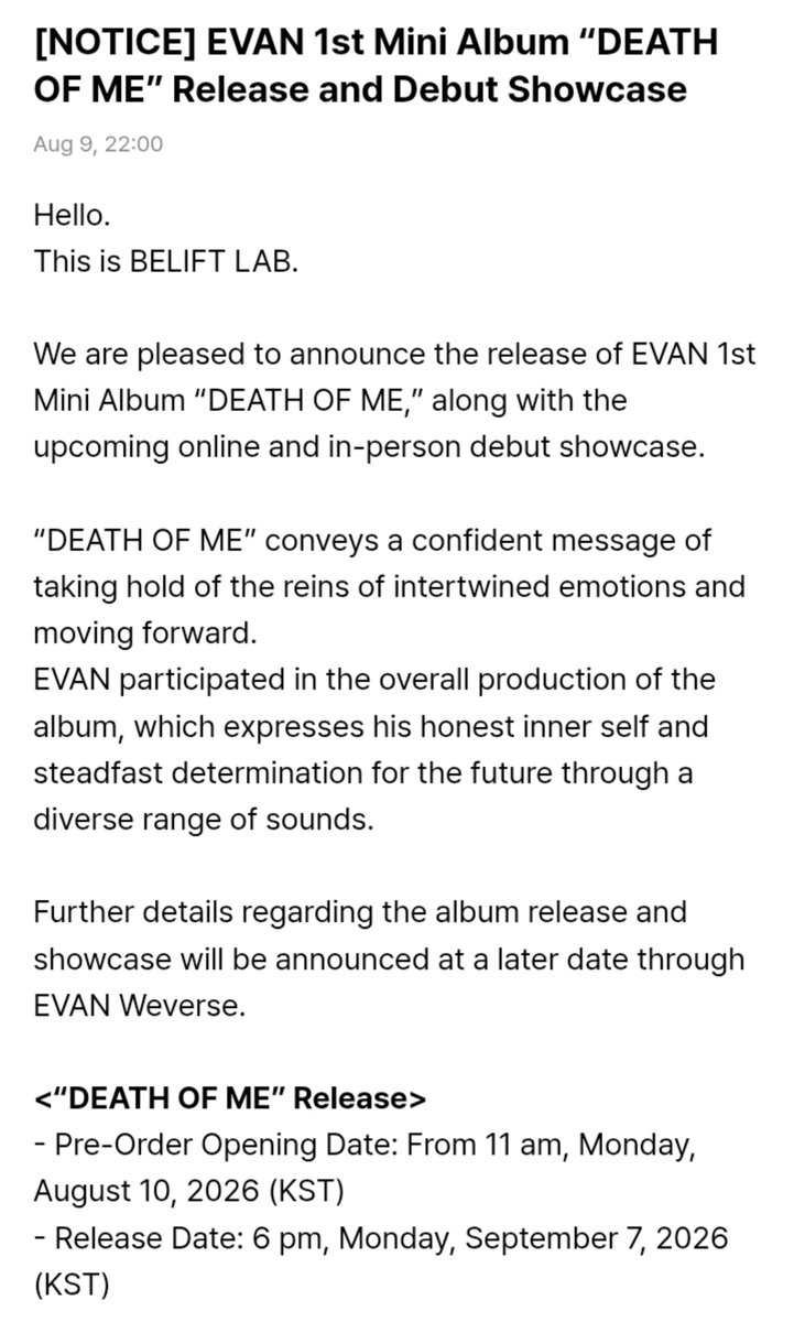 kdnkji's tweet photo. มินิอัลบั้มแรกของอัยพิ EVAN มาแล้ว ชื่ออัลบั้มว่า "DEATH OF ME" ฮีซึงก็มีส่วนร่วมในการดูเรื่องภาพรวมอะเกน และจะมีจัดเดบิวต์โชว์เคสอีกด้วย

• พรีอัลบั้มพรุ่งนี้ 9 โมง(ไทย)

• วันปล่อยอัลบั้ม 7 ก.ย 16.00น.(ไทย) 

• เดบิวต์โชว์เคส 7 ก.ย 17.00 น.(ไทย)

//ในที่สุด😭😭😭😭😭😭😭 https://t.co/mqM0heP3VF