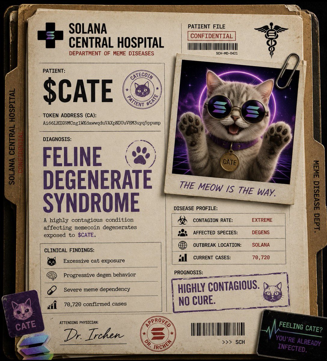 irchenets's tweet photo. 🏥 SOLANA CENTRAL HOSPITAL
Department of Meme Diseases

Patient: @CateonSol_

🧬 Diagnosis:

$CATE

Feline Degenerate Syndrome (FDS)

Clinical findings:
🐈 Excessive cat exposure
🧠 Progressive degen behavior
💊 Severe meme dependency
📈 70,720 confirmed cases

Prognosis:
Highly contagious. No cure.

🩺 Dr. Irchen

If you’re reading this, it may already be too late. 🐈