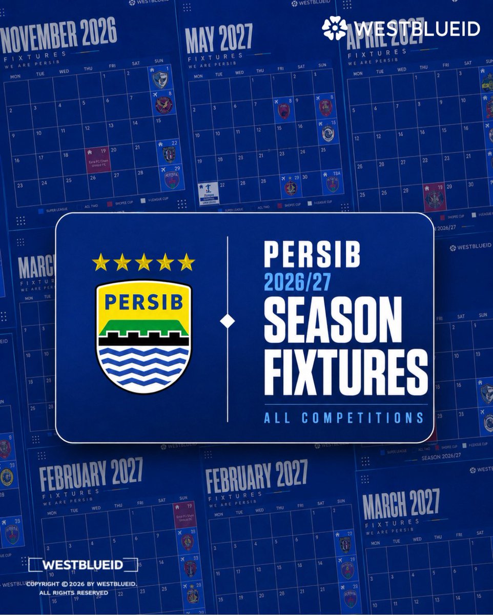 westblueid_'s tweet photo. 🚨PERSIB 2026/27 — SEASON FIXTURES 🗓️

Musim ini Persib bakal tampil di empat kompetisi: Super League, Shopee Cup, ACL Two, dan I-League Cup.

Semua jadwal yang sudah saya rangkum di sini, dari Agustus 2026 sampai Mei 2027. Untuk Shopee Cup, saat ini baru fase grup. Sementara jadwal babak lanjutan ACL Two dan I-League Cup juga sudah dicantumkan.

Untuk ACL Two, Persib harus melewati play-off melawan Manila Digger terlebih dahulu. Kalau berhasil lolos, Persib sudah mengetahui jadwal fase berikutnya sampai babak final.