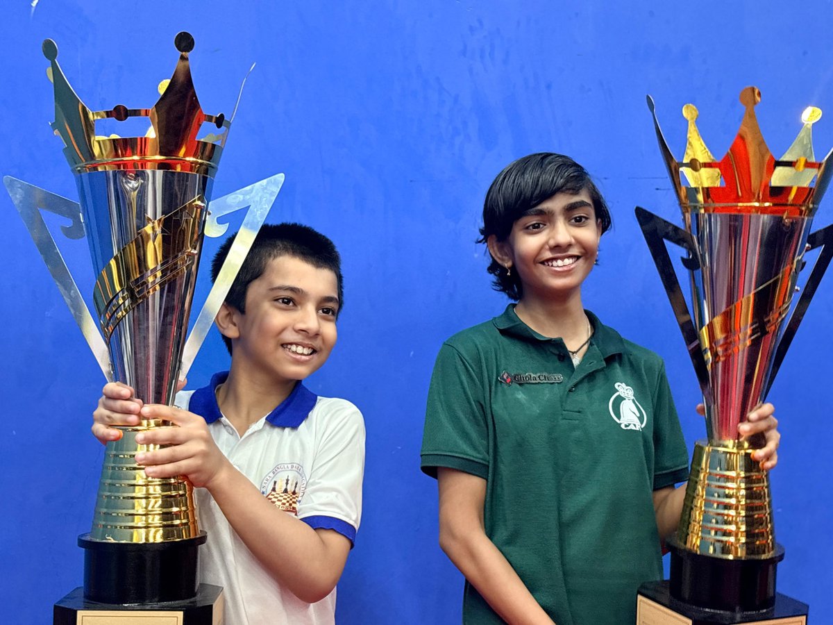 ChessbaseIndia's tweet photo. The National Under-11 Open and Girls Chess Champions of 2026 are Sarbartho Mani and Divi Bijesh! 11-year-old Sarbartho rated 2273 from Kolkata, West Bengal scored an astounding 10.5/11 points to secure clear first place in the Open section. 11-year-old Divi Bijesh from Trivandrum, Kerala scored 9.5/11 points to take clear first place!
The 11-round National Under-11 Chess Championships took place from 2nd-8th August at the URWA Indoor Stadium, Mangaluru, Karnataka.
Top 3 position holders - Open:
🥇 FM Sarbarto Mani (2273, WB) - 10.5/11 points
🥈 CM Sattwik Swain (1989, ODI) - 9.5/11 points
🥉 FM Advik Amit Agrawal (2376, MAH) - 9/11 points
Top 3 position holders - Girls:
🥇WCM Divi Bijesh (2006, KER) - 9.5/11 points
🥈Vanshika Rawat (1700, DEL) - 9/11 points
🥉AFM Prisha Gholap (1751, MAH) - 8.5/11 points
Photos: Tushar @chess_holic
#chess #chessbaseindia #nationalchampionship