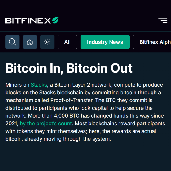 Stacks's tweet photo. The original Bitcoin exchange @bitfinex shares a report on how Bitcoin is being put to work, with Stacks taking the first spot on the list.

Bitfinex is one of the longest standing and original crypto trading platforms, proudly representing Bitcoin.

Read the article below 1/2. https://t.co/Y2BEVMHIXo