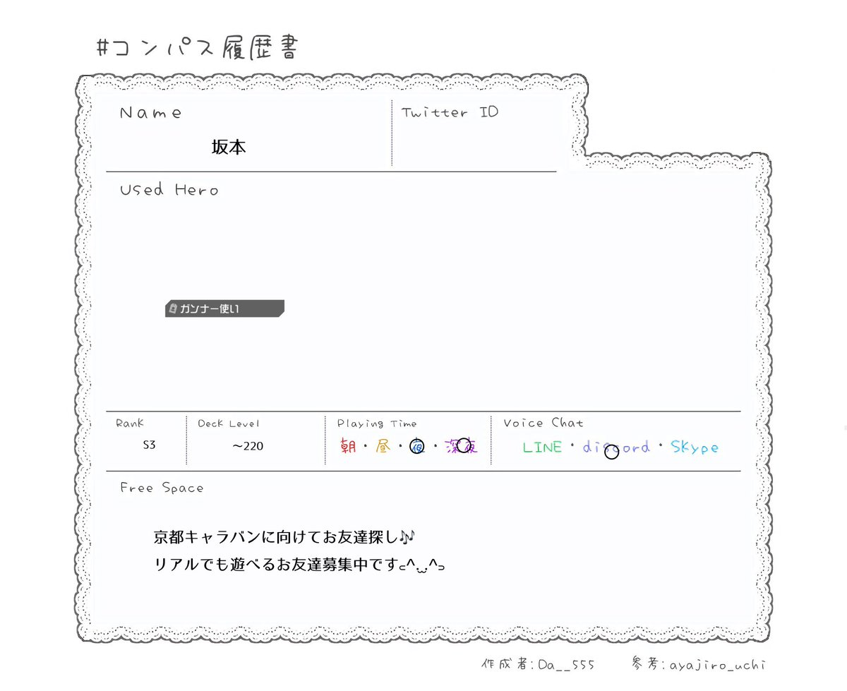 C3Ulm's tweet photo. 🏷️

京都キャラバンに向けて！
お友達探しです🎶 

#コンパス履歴書
 #コンパス民と繋がりたい https://t.co/VRLeMqrviS