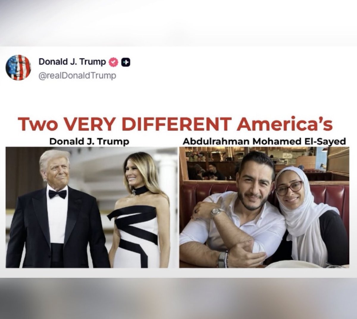 Ania27El's tweet photo. ترمب يثير حالة من الجدل في الشارع الأميركي بعد منشور له على منصة تروث سوشيال يقارن فيه بين صورتين: الأولى تجمعه بزوجته ميلانيا ترمب، والثانية لعبدول السيد إلى جانب زوجته المحجبة. https://t.co/LF8Y65TzWd