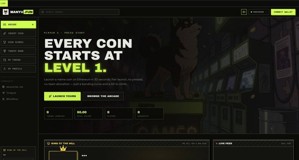 RealManyu's tweet photo. 🕹 THE ARCADE IS OPEN 🕹
https://t.co/xjIG1PVltk is live on Robinhood Chain.

How it works:
Launch a token in 30 seconds - no code, no presale, no team allocation. It trades on a bonding curve where everyone gets the same shot. Fill the curve and it graduates to @Uniswap V3 automatically, with the liquidity locked forever.

What makes it different:

🔒 The lock is structural, not a promise. The locker contract has no code path that moves the LP position or reduces liquidity. Nobody can pull it - not a dev, not us.

💰 Creators earn forever. 50% of every swap fee the graduated pool generates, claimable any time.

⚡️ Graduation is automatic and permissionless. Anyone can trigger it; no one can block it.

Live today: Robinhood Chain. 
BSC, Ethereum and Base follow this month.

👾 https://t.co/ZtdeAaBSgS -> insert coin.