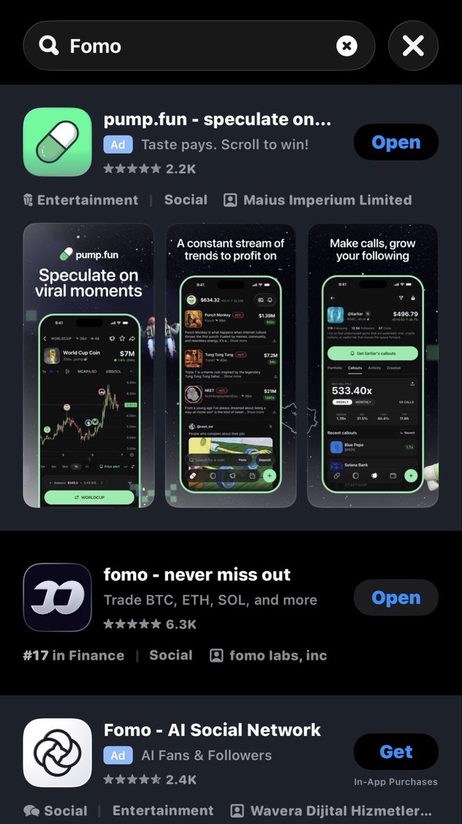 PoorBull's tweet photo. Pumpfun really got ads running when you search “Fomo” on the AppStore this is diabolical https://t.co/Q9nHM5xbJE