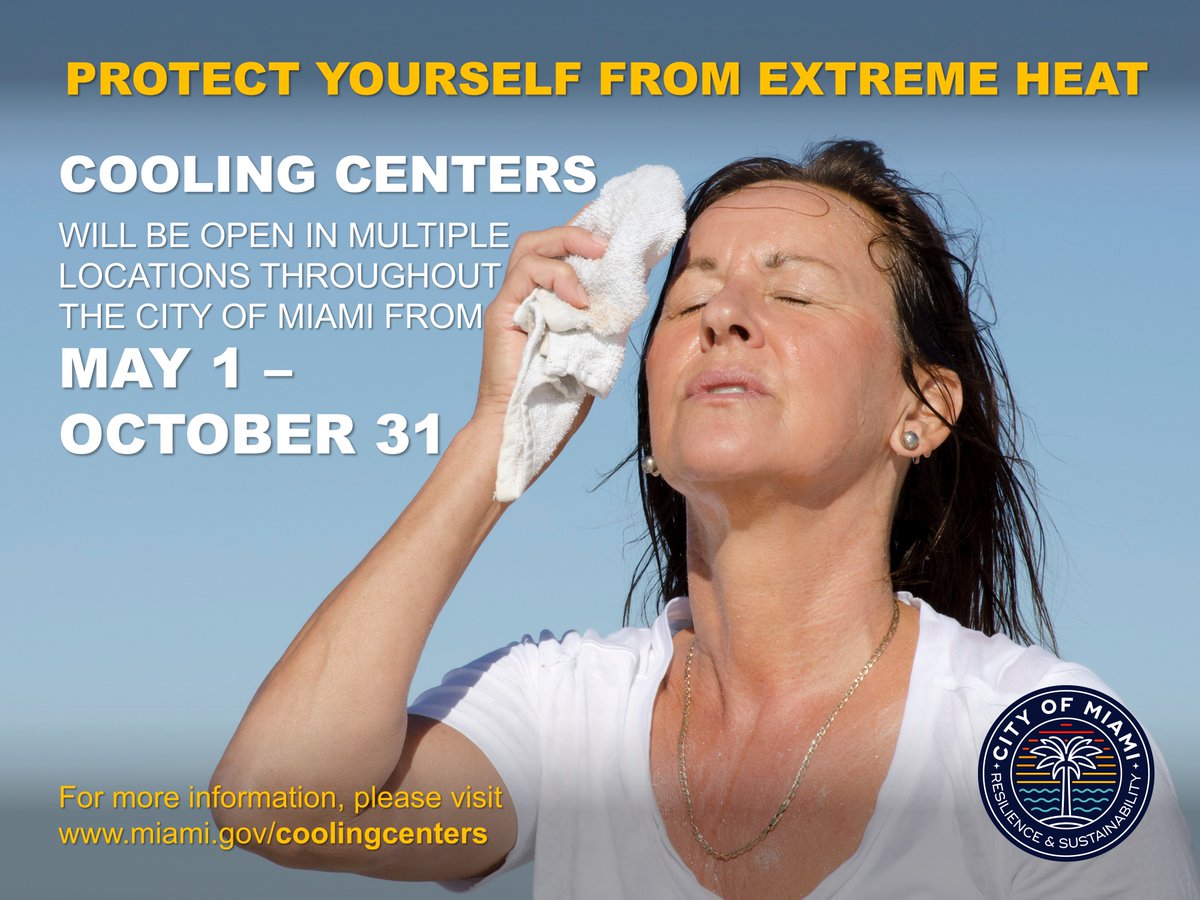 CityofMiami's tweet photo. Beat the heat and visit one of our cooling centers today! To find the nearest Cooling Center to you, please visit: https://t.co/vzQebR7OkL https://t.co/xiALw692lm