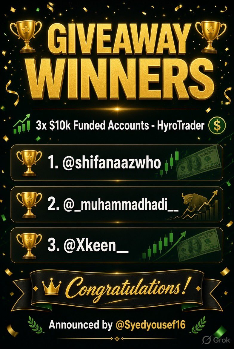 Syedyousef16's tweet photo. 🏆 So here is the 3 Giveaway Winners🏆 

• @shifanaazwho 
• @_muhammadhadi__ 
• @Xkeen__ 

So those who win DM me i will share you the detail, Each winner will get $10k @hyrotrader_com  Account https://t.co/QdbYmQCfC2
