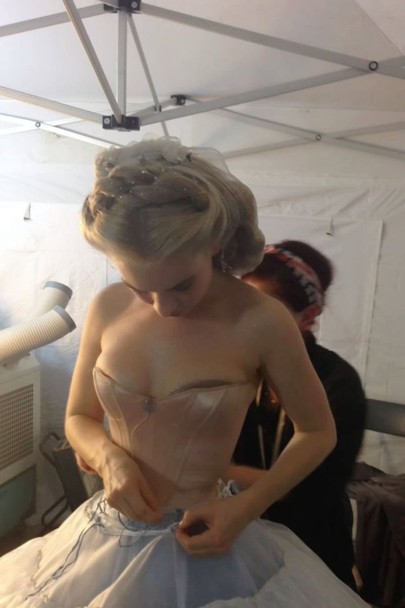 bloodstorming's tweet photo. lily james as cinderella behind the scenes https://t.co/qA0UFWj0rO
