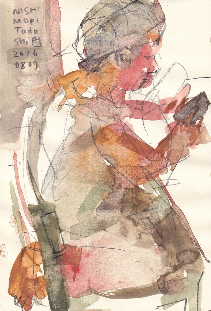 tense_540's tweet photo. Looking at her phone before drying her hair.

Pencil and watercolor on paper
14 × 20.5 cm https://t.co/dwu0v8F2Hz