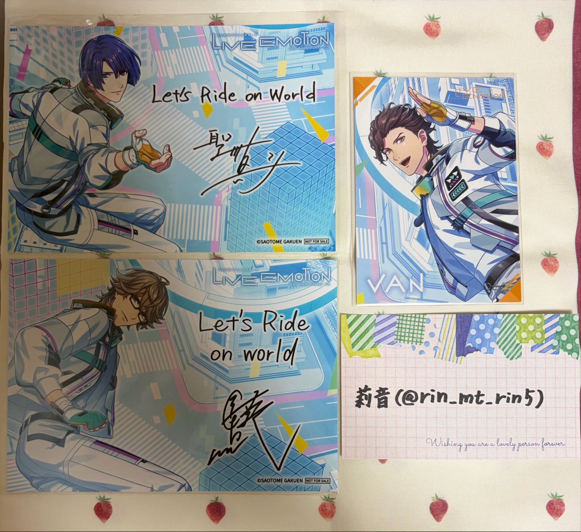 rin_mt_rin5's tweet photo. 【交換】うたプリ ライエモ LIVE EMOTION 2nd Anniversary CD メセカ メッセージカード ブロマイド 特典

譲▶︎メセカ ヴァン
ブロマイド 真斗 瑛一

求▶︎メセカ トキヤ or 瑛二
ブロマイド トキヤ 決まり次第 瑛二

郵送希望です。
よろしくお願いいたします。 https://t.co/ZO7OKcpU7b