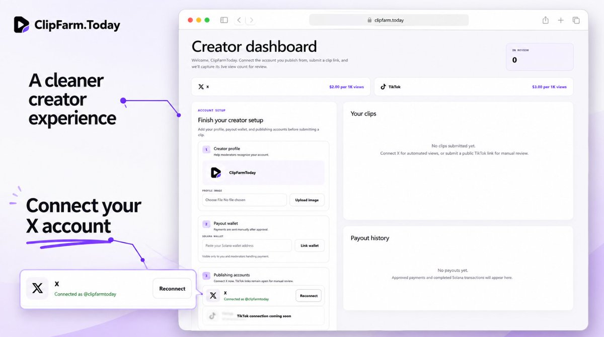 clipfarmtoday's tweet photo. Good morning, big update just shipped! 

We’ve cleaned up the profile UI, making it simpler, sharper, and easier to navigate.

Users can now connect their X account directly to https://t.co/Le7rbb3Tp4 to verify their identity when posting clips.

We’re also awaiting TikTok API access. We submitted our request last night and hope to have the integration live soon.

This is just the beginning.

https://t.co/Le7rbb3Tp4