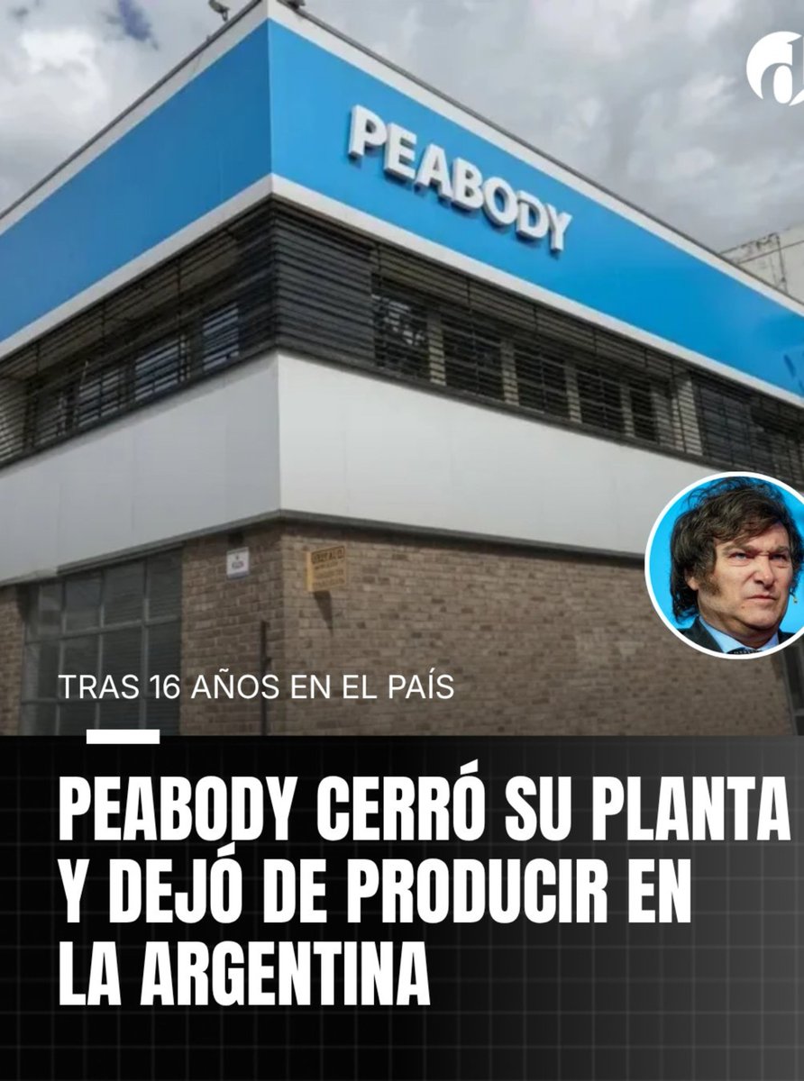 frascaroli's tweet photo. Noticia de todos los días en la Argentina, es un hilo q no alcanzo a completar. Cerró otra 🏭 
Peabody desmanteló su planta d La Tablada porque fabricar en el país dejó de ser competitivo frente a la apertura d importaciones y difícilmente vaya a ser fácil una reindustrializacion https://t.co/aW2WHVpc2f