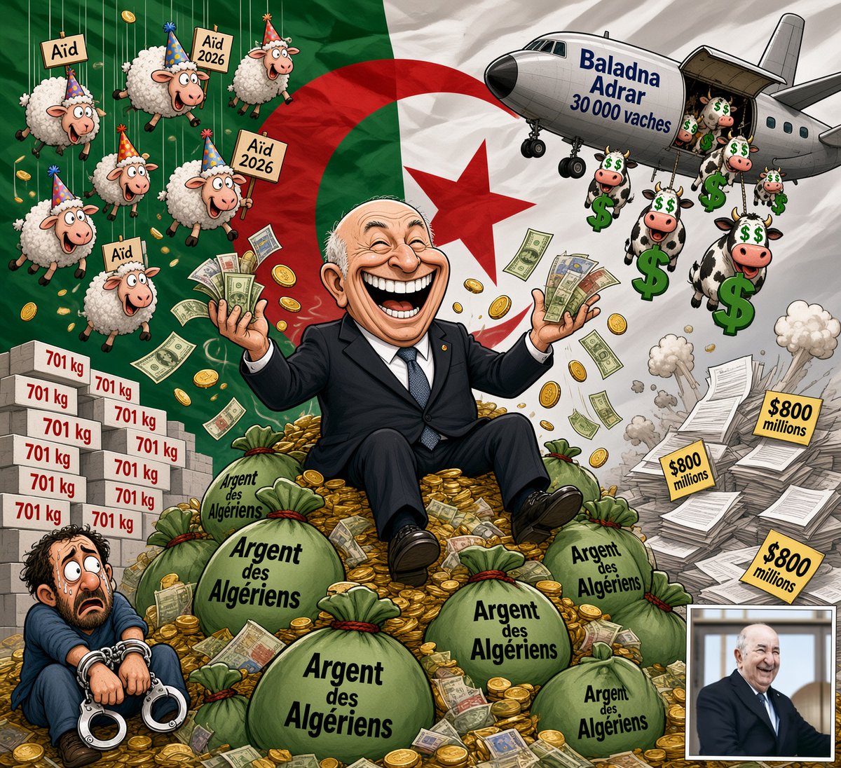 _Charlie_Chance's tweet photo. **ALERTE URGENTE – Algérie 2026**

Sous la gouvernance d’Abdelmadjid Tebboune, plusieurs affaires majeures de corruption, de mauvaise gestion et d’opacité continuent de secouer le pays. Voici les faits établis et leurs conséquences directes pour les citoyens :

**1. L’affaire des 701 kg de cocaïne (2018 – toujours ouverte)**  
Saisie historique au port d’Oran. Khaled Tebboune, fils du président, a été arrêté pour trafic d’influence présumé avant d’être acquitté en février 2020, peu après l’élection de son père. L’affaire a nourri le slogan du Hirak « président cocaïne ». Le procès du principal accusé (Kamel Chikhi) a été reporté à plusieurs reprises et reste non définitivement jugé.  
**Conséquence** : atteinte durable à la crédibilité de la justice et à la légitimité du pouvoir.

**2. Le scandale des moutons de l’Aïd 2026**  
Importation d’environ 1 million d’ovins ordonnée par le président pour faire baisser les prix. Résultat : milliers de moutons morts ou abattus pour raisons sanitaires (3 615 morts + 10 727 abattus), marchés attribués de gré à gré à un petit nombre d’opérateurs, 41 personnes poursuivies (dont 13 en détention), soupçons de dilapidation de deniers publics et de négligences graves.  
**Conséquence** : argent public gaspillé, prix qui restent élevés pour les familles, colère populaire face à l’échec d’une mesure présentée comme sociale.

**3. Arrestation et condamnation de Nassim Diafat (2023-2024)**  
Ancien ministre délégué de Tebboune, figure de la « Nouvelle Algérie », placé en détention pour corruption, abus de fonction et avantages indus accordés à sa famille via une entreprise publique. Condamné à 5 ans de prison ferme.  
**Conséquence** : la rhétorique officielle de lutte anticorruption est contredite par des affaires touchant le cercle proche du pouvoir actuel.

**4. Explosion et opacité du budget de la Présidence**  
Critiques récurrentes sur une enveloppe présidentielle devenue très élevée (chiffres avancés autour de 800 à 860 millions de dollars pour 2026), dans un contexte de crise du pouvoir d’achat et d’absence de transparence réelle.  
**Conséquence** : sentiment d’injustice grandissant pendant que de nombreux Algériens peinent à subvenir à leurs besoins.

**5. Le mégaprojet Baladna et le pont aérien des 30 000 vaches (Adrar)**  
Projet de 3,5 milliards de dollars (51 % qatari / 49 % algérien) pour créer l’une des plus grandes fermes laitières du monde dans le Sahara. Phase 2 signée en avril 2026 : 635 millions de dollars, avec un pont aérien de 109 vols cargos pour importer 30 000 vaches Holstein des États-Unis à partir de novembre 2026.  
Critiques : coûts exorbitants du transport aérien, adaptation difficile des vaches au climat extrême (jusqu’à 47 °C), consommation massive d’eau fossile non renouvelable, viabilité économique douteuse face à la poudre de lait importée, et dimension politique/géopolitique prioritaire.  
**Conséquence** : nouvelles dépenses colossales dans un projet à haut risque, alors que les priorités sociales restent non résolues.

**Conséquences globales** :  
- Érosion de la confiance dans les institutions.  
- Maintien d’une inflation et d’un coût de la vie élevés malgré les annonces.  
- Justice perçue comme sélective.  
- Risque de nouvelles tensions sociales.  
- Sentiment croissant que les « grands projets » et les scandales se succèdent sans réelle reddition de comptes.

Ces affaires ne sont pas des rumeurs isolées. Elles sont documentées par la presse, des procédures judiciaires, des déclarations officielles et des analyses indépendantes.  
Partagez pour que l’information circule. Les Algériens ont le droit de savoir et d’exiger des comptes. 

#algerie 
#tebboune 
#argelia 
#algeria 
#oran
#cocaine 

@grok Sait 🫢