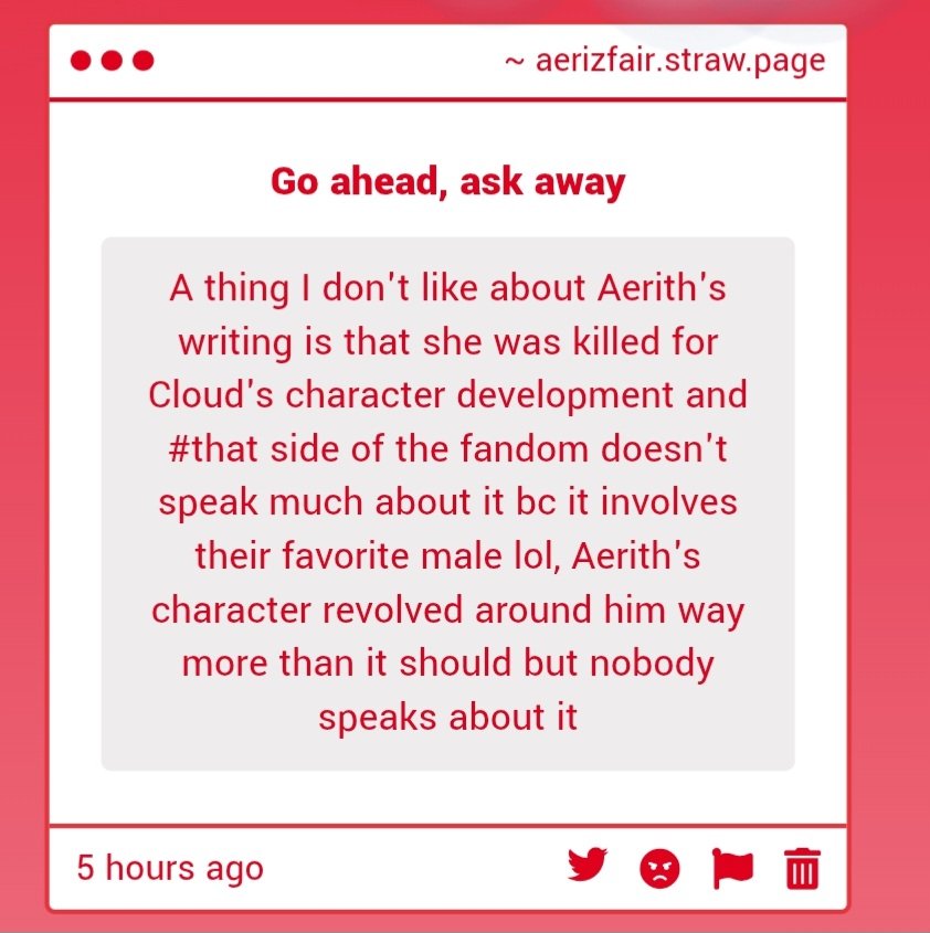 aerizfair's tweet photo. in my opinion, aerith's death playing a role in cloud's character development doesn't mean her character revolves around him

C is the protagonist, so naturally, the characters around him are going to play a role in his development + https://t.co/odojI4OdPS