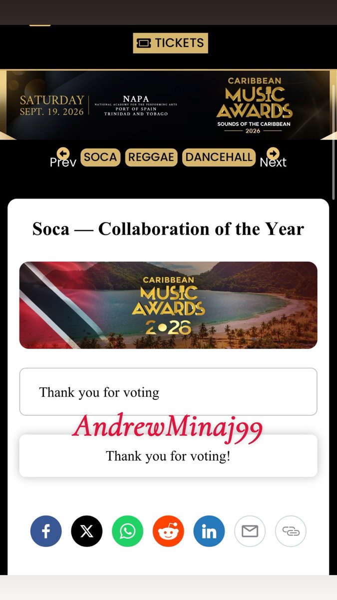 AndrewMinaj99's tweet photo. Nicki Minaj & Trinidad Killa are nominated for soca collaboration of the year with #ESKIMORemix at the #CaribbeanMusicAwards ๐น๐น๐
๐จ Voting closes tomorrow, August 10, Get your votes in below now! ๐น๐น
๐ https://t.co/2rrMpePOwq
@NICKIMINAJ #GagCitySub https://t.co/IqQ0BNX9Wg