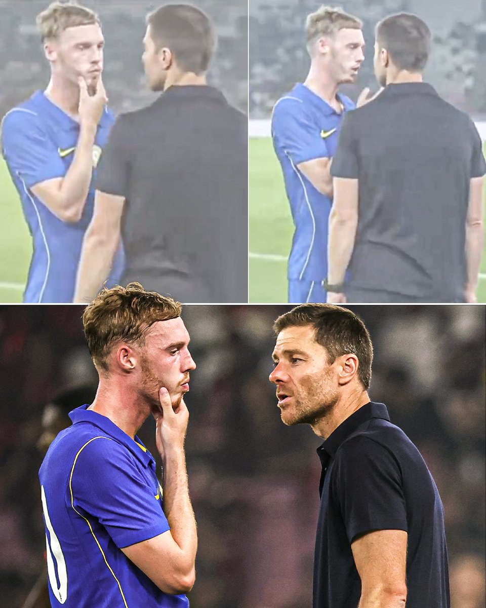 ESPNUK's tweet photo. Xabi Alonso with Cole Palmer at full-time of Chelsea's game with AC Milan 🧠 https://t.co/8H8jCBv8Gb