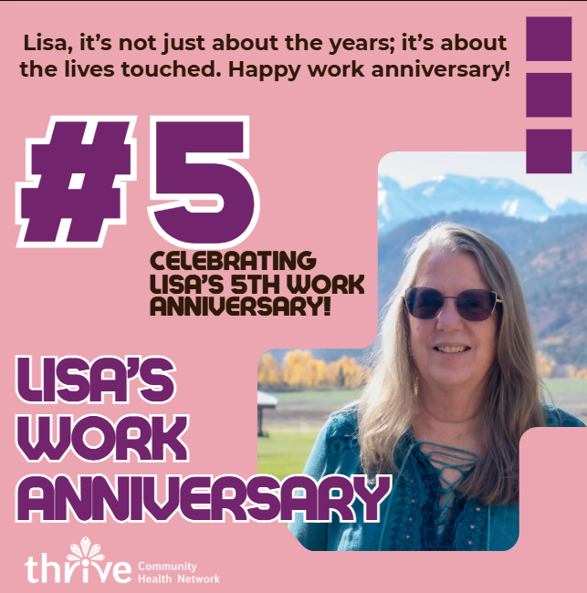 ThriveTelluride's tweet photo. Lisa, happy work anniversary! It's been five years and we are so happy to have you as a part of Thrive's amazing team! #5years #thrive https://t.co/K0npHMRSlX