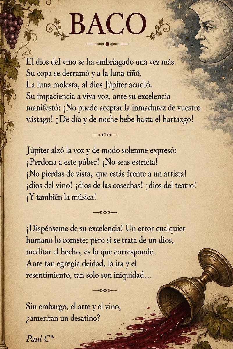 PaulC123A's tweet photo. #Baco #PoesíaOriginal #MitologíaGriega #Poesía #Arte #Vino #Dionisio #Literatura #Reflexión #Versos #EscrituraCreativa #Poetas https://t.co/Ys18xmQvfj