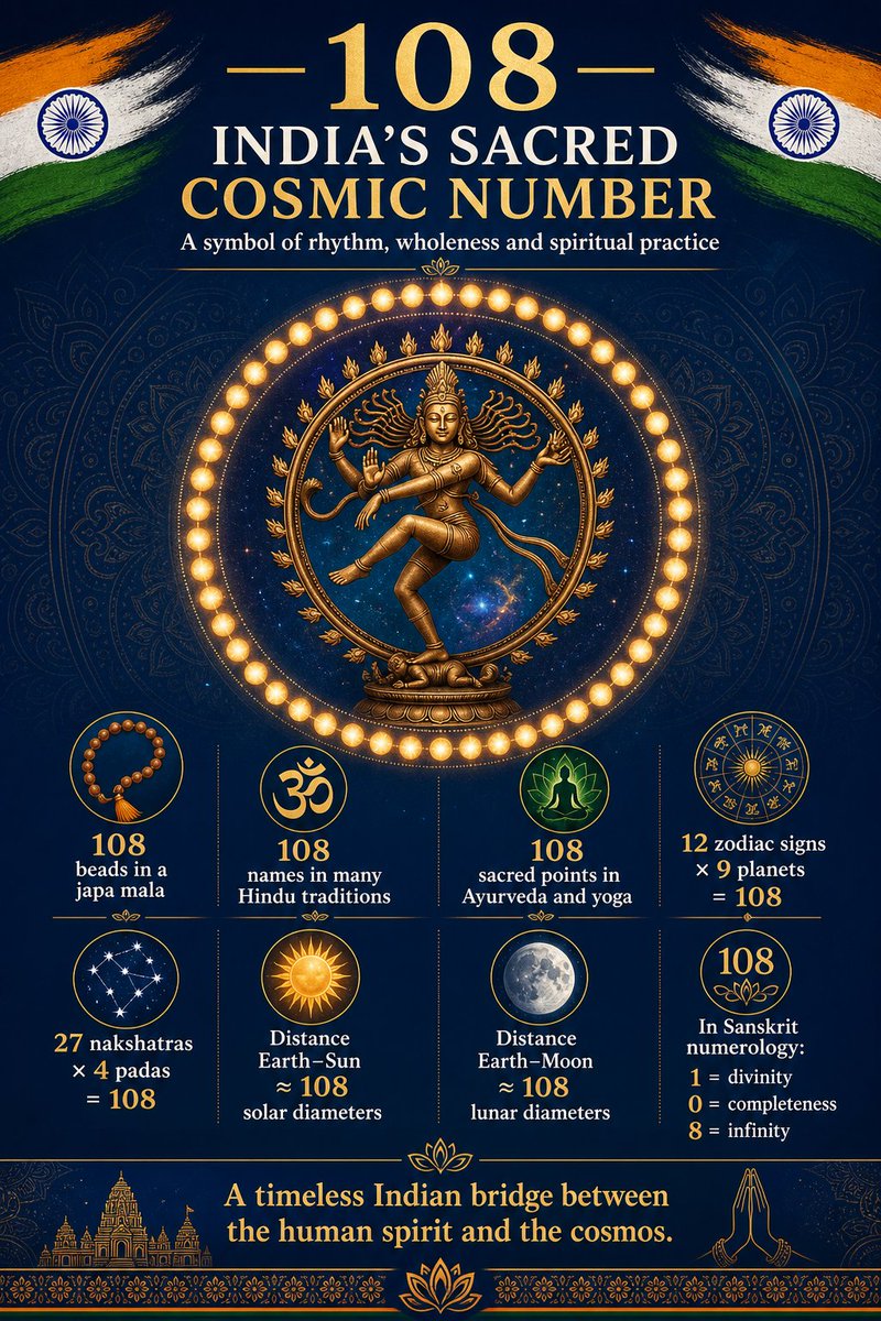 Bishwajeet_wins's tweet photo. India’s sacred number 108 reflects a profound harmony between spirituality, astronomy, mathematics and human life. From the 108 beads of the japa mala and 108 divine names to the 27 nakshatras with four padas each, it expresses India’s timeless vision of cosmic order. It stands as a proud symbol of Bharat’s civilizational wisdom—uniting the human spirit with the infinite universe