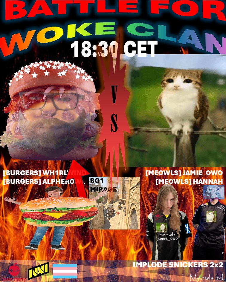 owo_jamie's tweet photo. WHO WILL MAKE IT TO QUARTERS?
Meowls take on @AlpherOwl and @Whirlw1ndd's Burgers without Borders in the battle to represent woke clan in ONE HOUR!!
this will be our TOUGHEST match yet!
#vameowls #ez4meowls https://t.co/nq2j0H4Mwf