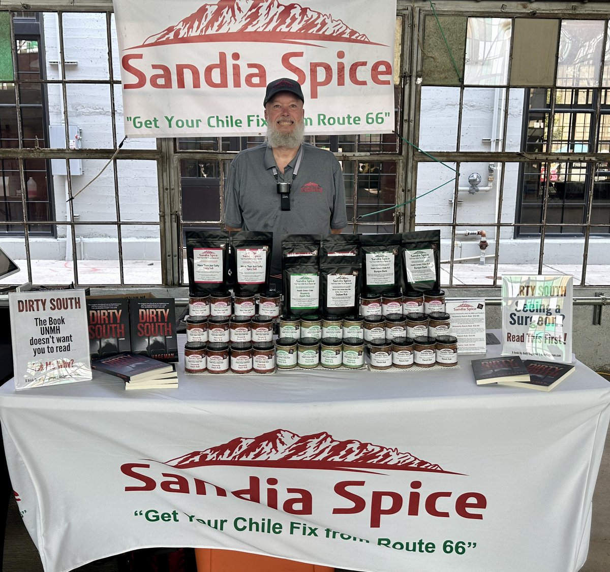 AHageman63389's tweet photo. Railyards today 10-2 with the best spice rubs in the world featuring Hatch Chile - NM TRUE!

Also Dirty South, my award-winning book with five star reviews…you know the one a local hospital hopes you don’t read.

#sandiaspice #dirtysouth #andyhageman https://t.co/qxYVUs5NaV