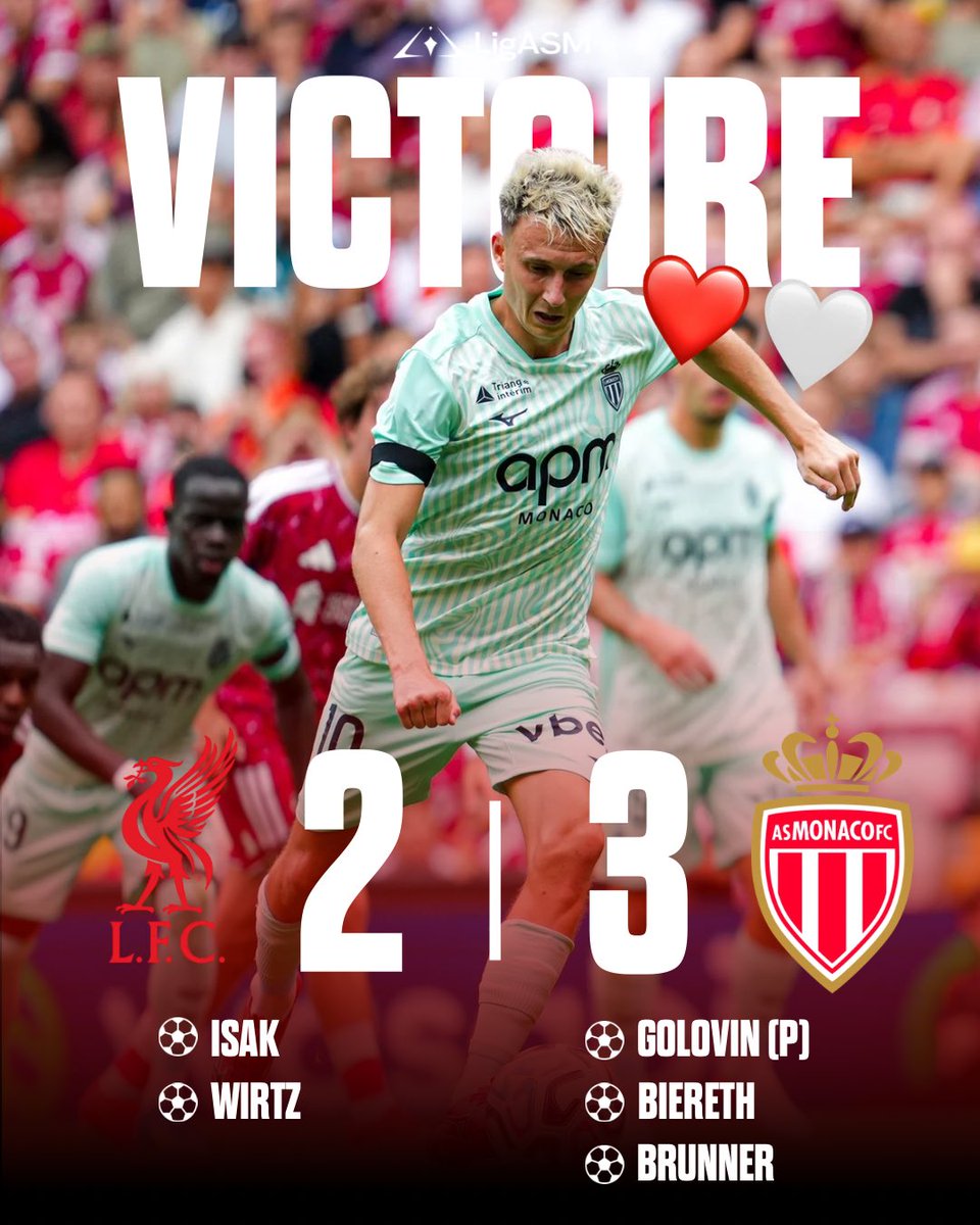 LigASM_'s tweet photo. ✅ Victoire !

L’AS Monaco renverse Liverpool à Anfield ! Paris Brunner encore et toujours buteur. 🇲🇨

2️⃣-3️⃣ #LIVASM https://t.co/jQkZBfvk3j