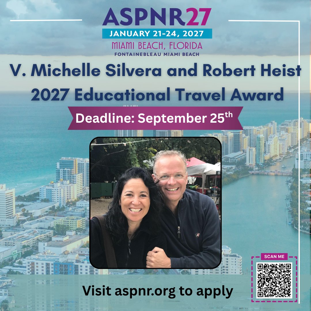 The_ASPNR's tweet photo. 🎓 Radiology residents & neuroradiology fellows — this one’s for you! 📢

The V. Michelle Silvera & Robert Heist Educational Travel Award provides up to $2,000 to attend #ASPNR27 💫

🌟 Learn! Network! Be inspired!🌟

Apply here: https://t.co/bFSc1FqsE5

 🗓️ Deadline: Sept 25, 2026 ⏰

#ASPNR #PediNeuroRad #PedsRad