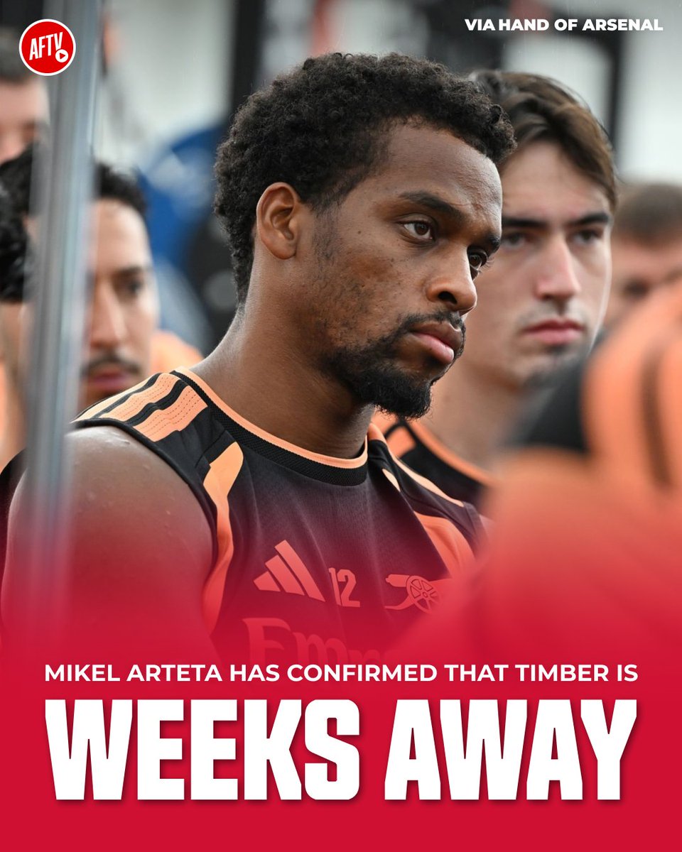 AFTVMedia's tweet photo. 🚨 Mikel Arteta has confirmed that our first team will be back in training tomorrow.

Jurrien Timber has already trained with the team but he's still "weeks away". https://t.co/lqy2SNojWb