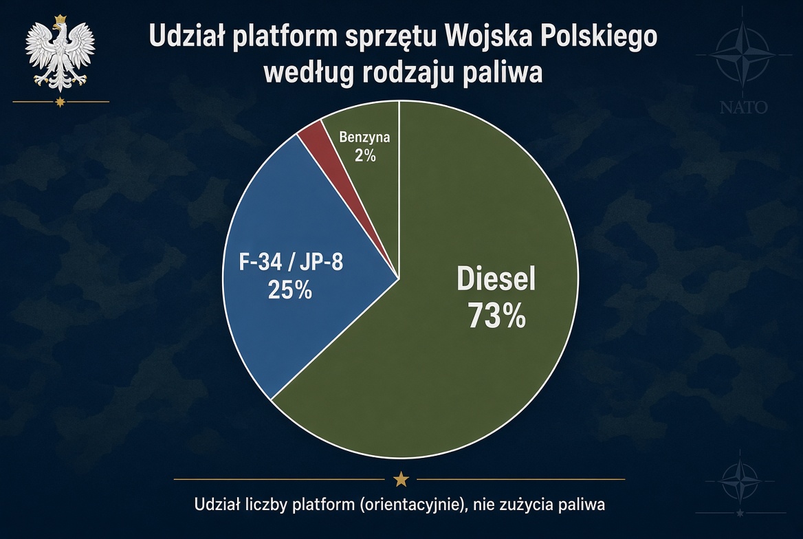 ArkadiuszHiller's tweet photo. 🇵🇱 Na czym opiera się sprzęt Wojska Polskiego?

Orientacyjnie, wśród głównych platform:

🛢️ Diesel: 70–75%
✈️ F-34/JP-8: 23–28%
⛽ Benzyna: 1–3%

Czyli w uproszczeniu: 73% diesel / 25% paliwo lotnicze / 2% benzyna.

To udział liczby platform, nie zużycia paliwa. https://t.co/shdTPNX9ww