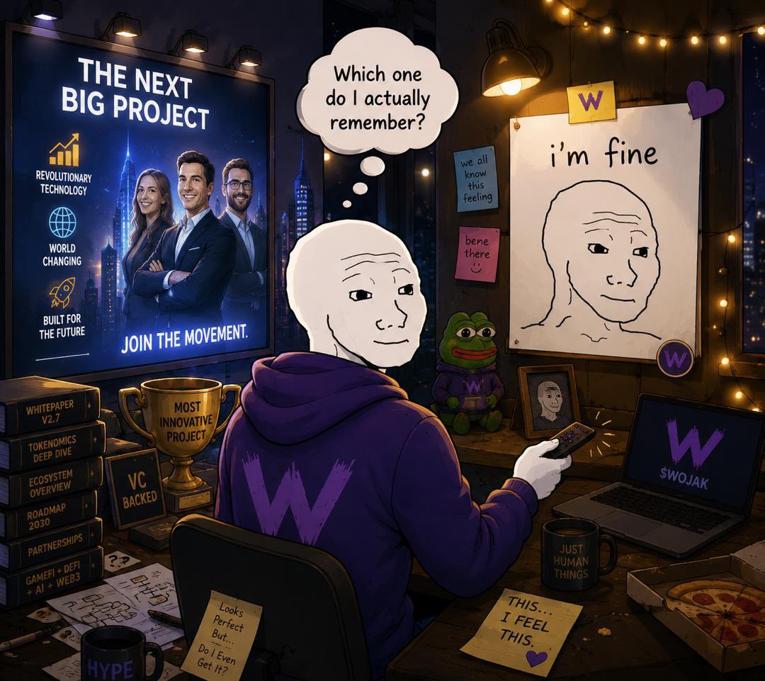 SentosHQ's tweet photo. The Wojak Diaries
==============

I Think I Finally Understand Why Memes Win…

Yesterday I walked past two ads, one looked like it had a $50,000 marketing budget.

Perfect lighting.
Perfect people.
Perfect smiles.

The other was a terrible meme someone had probably made in five minutes.

Guess which one I remembered?
😂
I’m sure you know which one 

And it got me thinking about crypto.
There are projects that spend so much time trying to look impressive that you need a 14 slide presentation just to understand what you're looking at.

Then there's Wojak.
A slightly miserable looking internet face that somehow became the unofficial employee of human emotions.😂😂😂

You don't need a whitepaper to understand: "I'm fine."

You don't need a tutorial to understand: "I should not have done that."

And you definitely don't need an explanation when Wojak is staring at a chart at 3 AM questioning every decision he's ever made.

All this makes $WOJAK interesting to me.
It's not trying to pretend the internet is perfect, it's built around something much more relatable: PEOPLE BEING PEOPLE 

Crypto can be incredibly complicated. The emotions behind it aren't.
Fear, greed excitement regret hope etc.

We've all been there, maybe that's why a simple face can sometimes travel further than the most sophisticated pitch.

Because people don't always connect with perfection, they connect with something that looks like them.

And that's Wojak.

The fact is: The internet has never needed perfect. It just needed relatable.

📖 End of today's diary.

See you tomorrow 

@wojakcto

CA: 0x8De39B057CC6522230AB19C0205080a8663331Ef