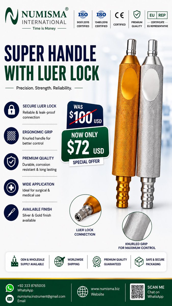 numismainst's tweet photo. Super Handle with Luer Lock

Secure Luer Lock — reliable connection
Ergonomic Knurled Grip — better control
Premium Quality 
Gold &amp; Silver Finish available
Special Offer: $100 $72 USD
#SurgicalInstruments #MedicalInstruments #LuerLock #SurgicalTools #NumismaInternational https://t.co/YmP1nDRtBg
