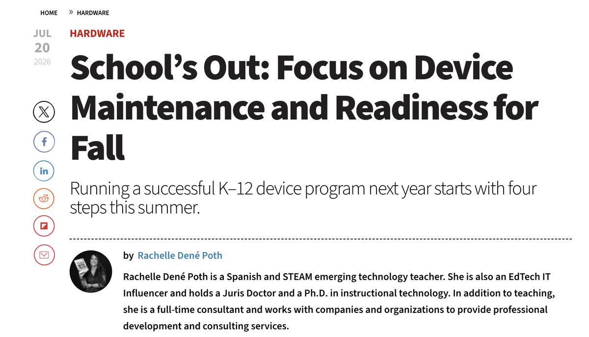 Rdene915's tweet photo. My latest article for @EdTech_K12 Magazine on device maintenance and prep for the new school year! Thankful for insights from colleagues! https://t.co/86uAt99VE2 #education #edchat #edtech #school #backtoschool #edleaders https://t.co/EqySXs8uSO