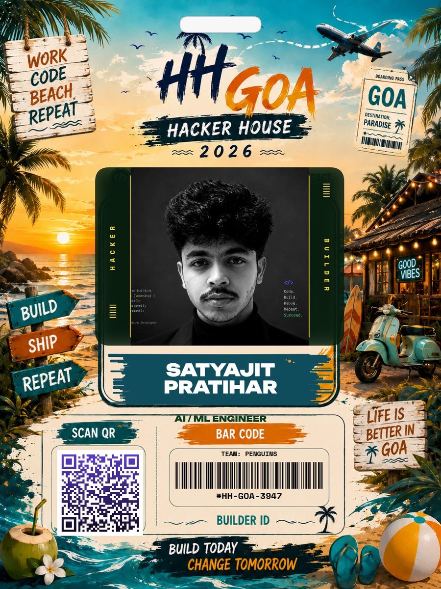 saumojit_roy's tweet photo. Builders don't collect tickets. They collect identities🚀
Turn your photo into a HH Goa 2026 Builder Card in seconds. Download &amp; share. 🚀
Try it → https://t.co/tCnv2i39Bl
Built with- @satyajitpr57231
 #FrameInGoa #HHGoa2026 #HackerHouseGoa #BuildShipRepeat #Hackathon  #Goa2026 https://t.co/JVxC1hPl6C