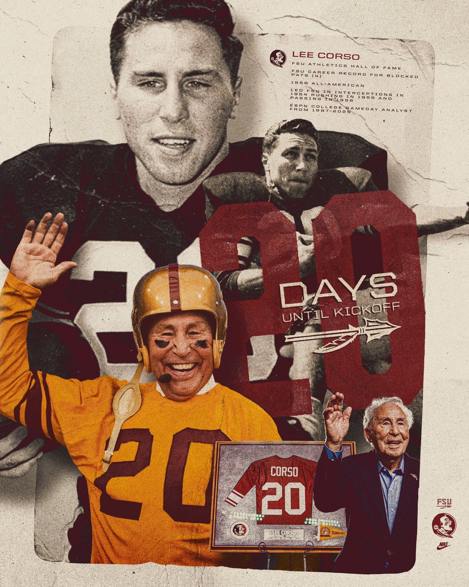 FSUFootball's tweet photo. 2️⃣0️⃣ Days to Kickoff: Lee Corso

🍢 Played football, baseball & basketball for the Noles between 1953-57
🍢 Led FSU in INT (1954), rushing (1955) and passing (1956)
🍢 14 career INT was FSU record until 1980
🍢 1978 FSU Hall of Fame
🍢 ESPN College GameDay from 1987-2025

#NoleFamily