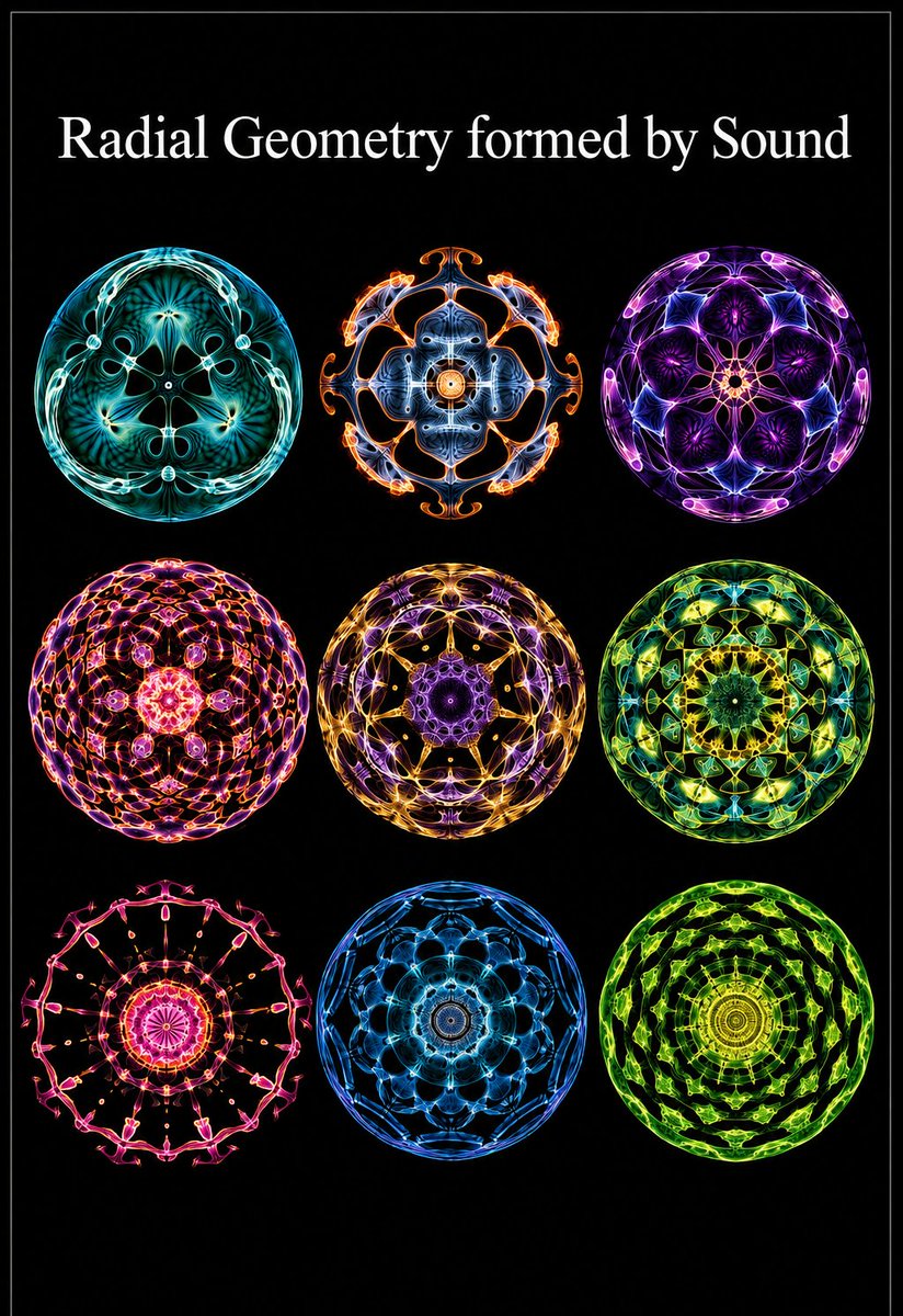 mathemetica's tweet photo. Sound frequencies force matter into radial patterns that pure mathematics describes through standing waves.

Vibrating a surface at precise tones produces nodal lines where motion ceases, forming geometries with perfect rotational symmetry as solutions of the two-dimensional wave equation.

This principle guides acoustic engineering and medical ultrasound imaging by predicting how waves interact with structures.

Mathematics renders the unseen order of vibration visible.