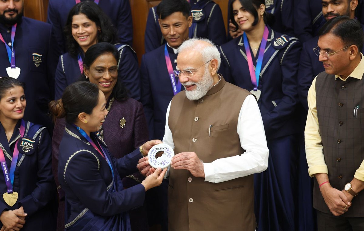 narendramodi's tweet photo. Delighted to host our outstanding medal winners from the Commonwealth Games 2026 at 7, Lok Kalyan Marg. Heard about their experiences from the Games. 

Each one of them has made our nation proud through their exceptional performances. Their success will motivate many youngsters. https://t.co/1zkYCKiV8r